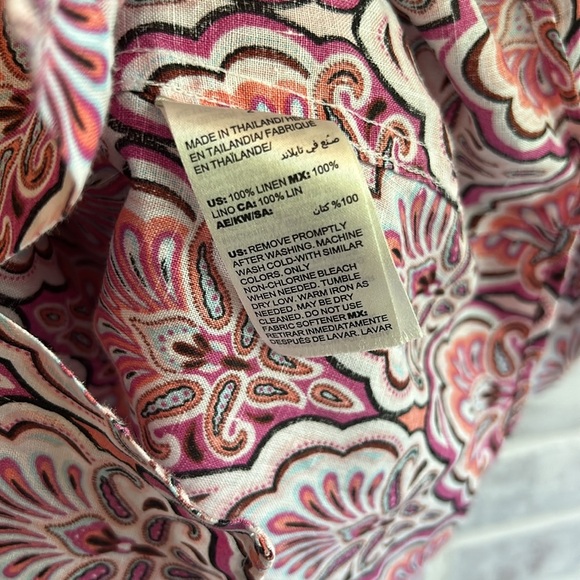 Chicos Sz 2 Women’s US 12 L 100% Linen Pink Paisley Button Up Blouse 3/4 Sleeve - Picture 8 of 8